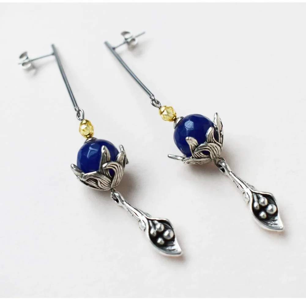 Long massive earrings silver tone, unusual floral dangles
